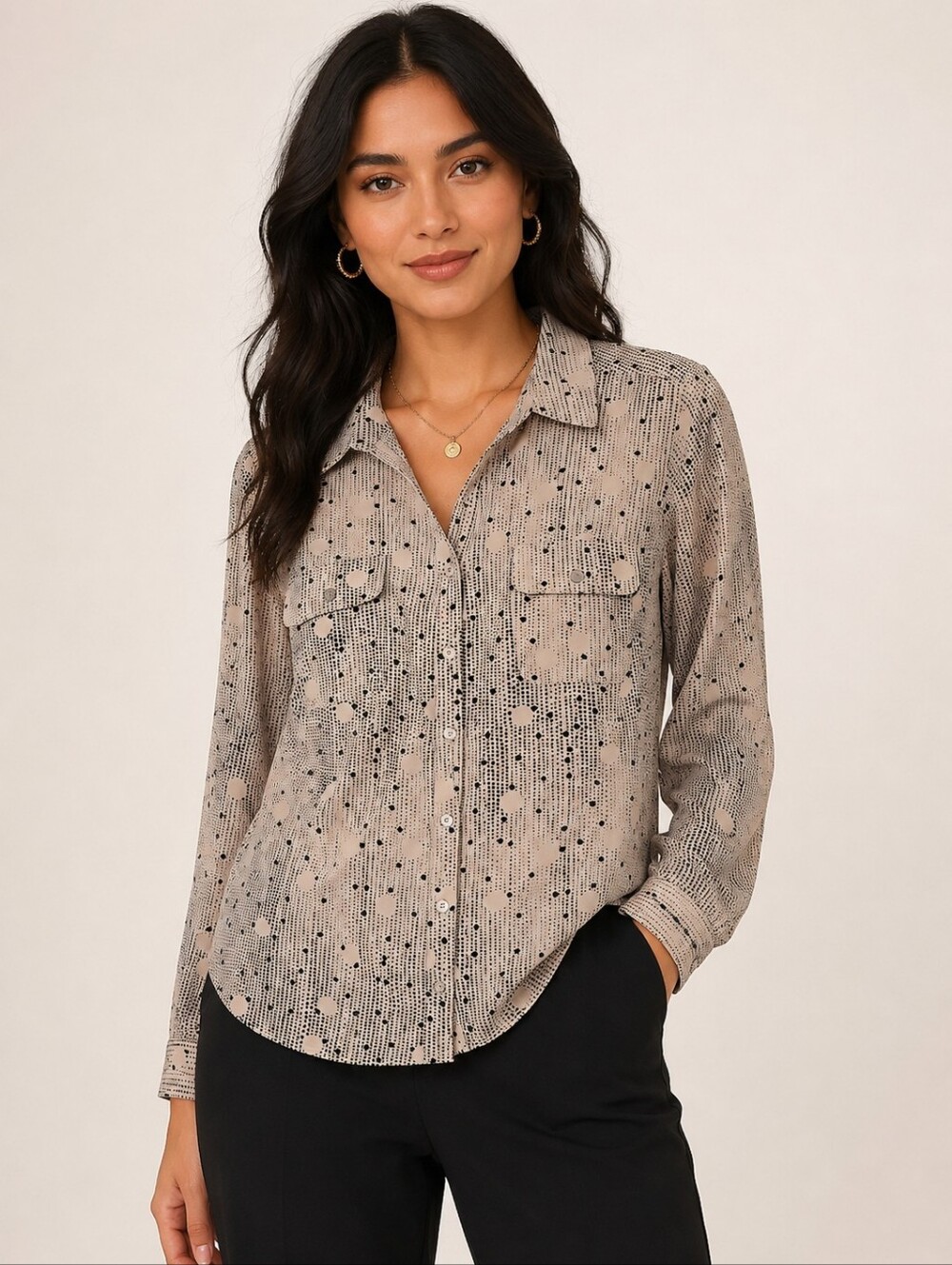 NY Collection  Beige and Black Geometric Button-Down Shirt